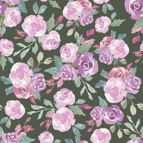 6x6 inch fall floral purple roses on dark green, perfect for kids apparel, girls dresses, baby and nursery.