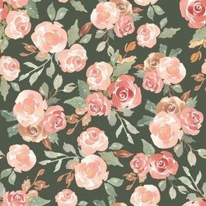 6x6 fall floral roses in pink on dark green, perfect for girls dresses, baby and nursery 