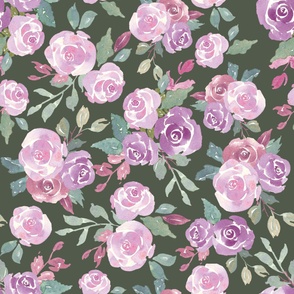 large scale fall floral with purple roses on dark green, perfect for wallpaper and home decor