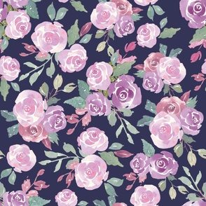 purple watercolor roses on navy blue, large scale fall floral for wallpaper, duvets and sheets