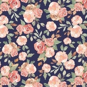 Small scale watercolor fall floral with pink roses on a navy base, perfect for bows, headbands, kids and baby items.