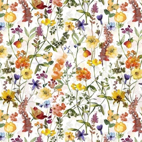 14" Dried Pressed Wildest Yellow and orange Wildflowers Meadow   white- double layer -   for home decor Baby Girl and nursery fabric perfect for kidsroom wallpaper,kids room