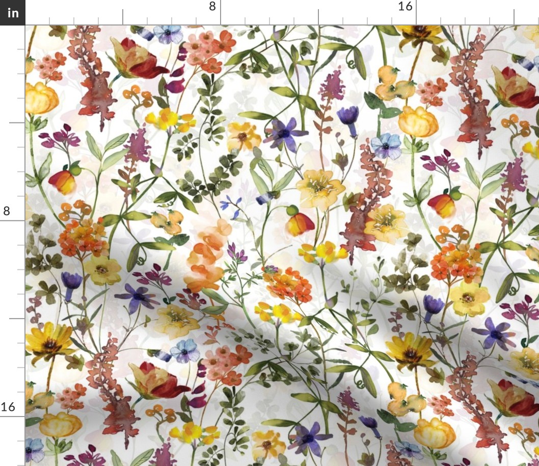 14" Dried Pressed Wildest Yellow and orange Wildflowers Meadow   white- double layer -   for home decor Baby Girl and nursery fabric perfect for kidsroom wallpaper,kids room