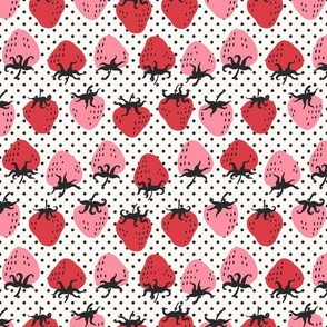 Vintage Pink and Red Strawberries on Polka Dots, Larger Scale, Dopamine Design, 70s, MCM