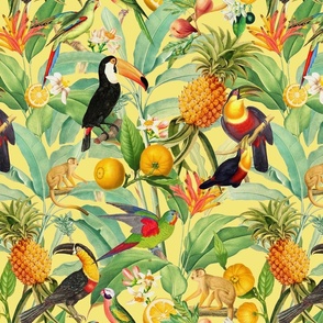 14" Exotic Jungle Beauty: A Vintage Botanical Pattern Featuring tropical Fruits, palm leaves, colorful Toucan birds, monkeys and parrots sunny yellow