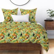 14" Exotic Jungle Beauty: A Vintage Botanical Pattern Featuring  tropical Fruits, palm leaves, colorful Toucan birds, monkeys and parrots double layer sunny yellow 