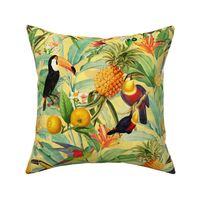 14" Exotic Jungle Beauty: A Vintage Botanical Pattern Featuring  tropical Fruits, palm leaves, colorful Toucan birds, monkeys and parrots double layer sunny yellow 