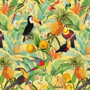 14" Exotic Jungle Beauty: A Vintage Botanical Pattern Featuring  tropical Fruits, palm leaves, colorful Toucan birds, monkeys and parrots double layer sunny yellow 