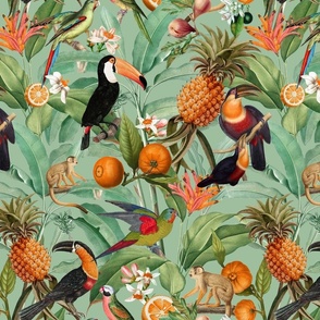 14" Exotic Jungle Beauty: A Vintage Botanical Pattern Featuring   tropical Fruits, palm leaves, colorful Toucan birds, monkeys and parrots fresh green