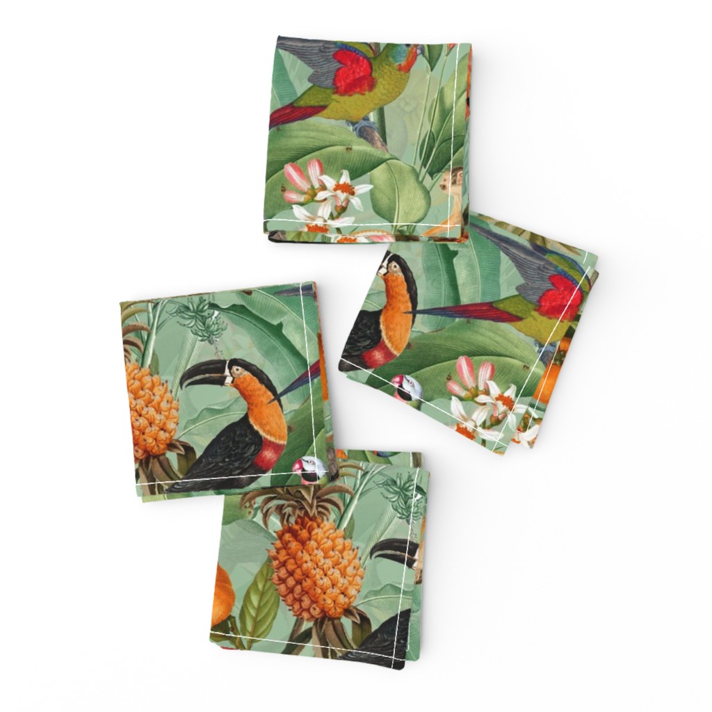 14" Exotic Jungle Beauty: A Vintage Botanical Pattern Featuring  tropical Fruits, palm leaves, colorful Toucan birds, monkeys and parrots double layer green