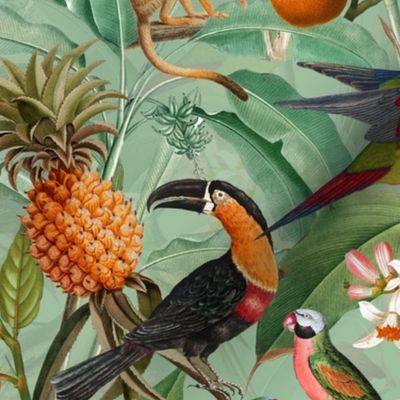 14" Exotic Jungle Beauty: A Vintage Botanical Pattern Featuring  tropical Fruits, palm leaves, colorful Toucan birds, monkeys and parrots double layer green