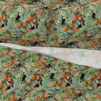 14" Exotic Jungle Beauty: A Vintage Botanical Pattern Featuring  tropical Fruits, palm leaves, colorful Toucan birds, monkeys and parrots double layer green