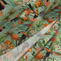 14" Exotic Jungle Beauty: A Vintage Botanical Pattern Featuring  tropical Fruits, palm leaves, colorful Toucan birds, monkeys and parrots double layer green