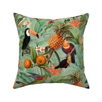 14" Exotic Jungle Beauty: A Vintage Botanical Pattern Featuring  tropical Fruits, palm leaves, colorful Toucan birds, monkeys and parrots double layer green