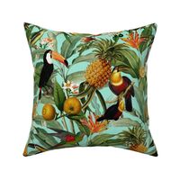 14" Exotic Jungle Beauty: A Vintage Botanical Pattern Featuring   tropical Fruits, palm leaves, colorful Toucan birds, monkeys and parrots summer turquoise