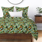 14" Exotic Jungle Beauty: A Vintage Botanical Pattern Featuring   tropical Fruits, palm leaves, colorful Toucan birds, monkeys and parrots summer turquoise