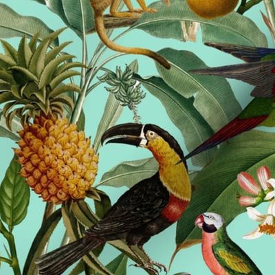 14" Exotic Jungle Beauty: A Vintage Botanical Pattern Featuring   tropical Fruits, palm leaves, colorful Toucan birds, monkeys and parrots summer turquoise