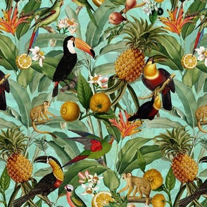 14" Exotic Jungle Beauty: A Vintage Botanical Pattern Featuring  tropical Fruits, palm leaves, colorful Toucan birds, monkeys and parrots double layer sepia turquoise