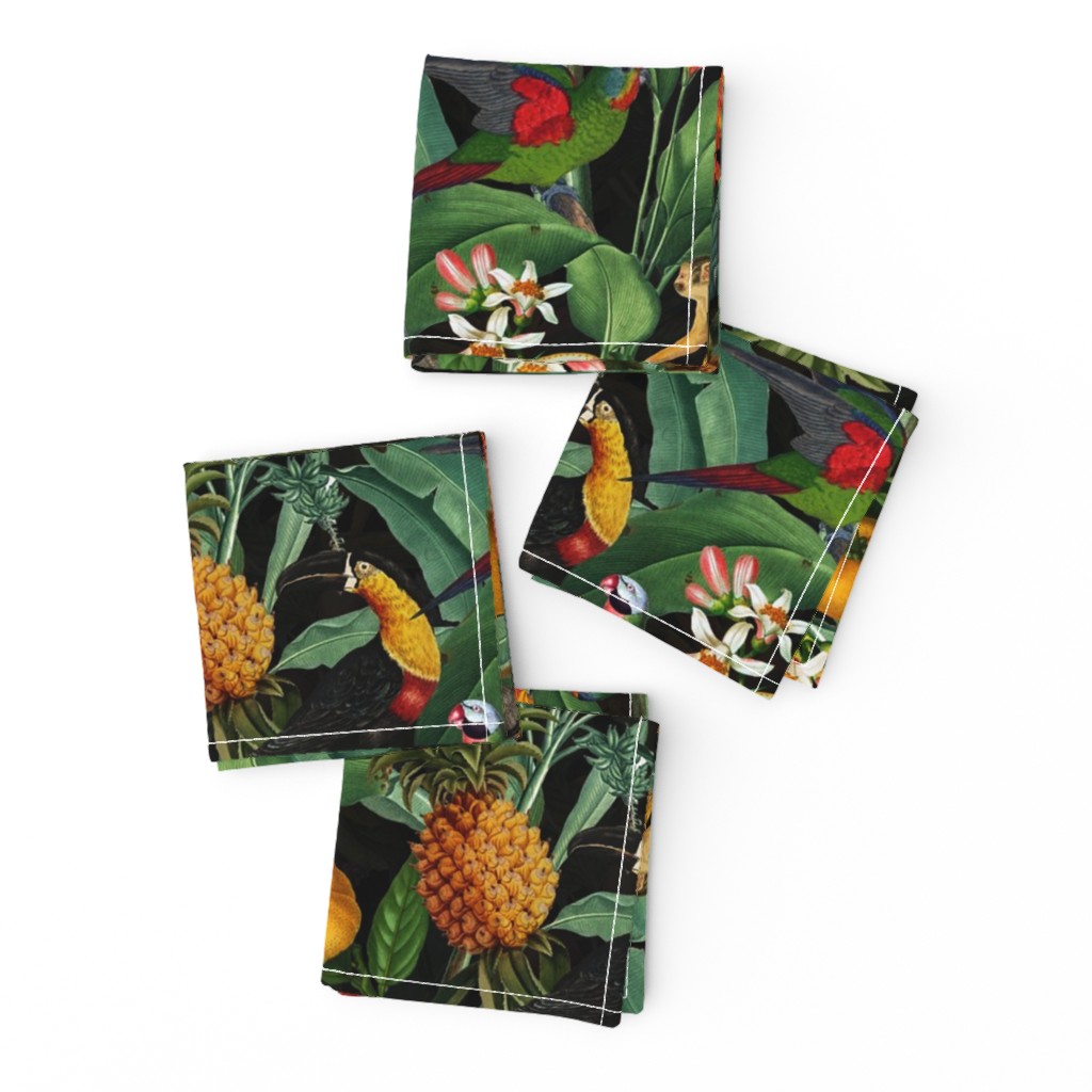 14" Exotic Jungle Beauty: A Vintage Botanical Pattern Featuring   tropical Fruits, palm leaves, colorful Toucan birds, monkeys and parrots night black