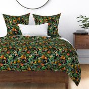 14" Exotic Jungle Beauty: A Vintage Botanical Pattern Featuring   tropical Fruits, palm leaves, colorful Toucan birds, monkeys and parrots night black