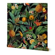 14" Exotic Jungle Beauty: A Vintage Botanical Pattern Featuring  tropical Fruits, palm leaves, colorful Toucan birds, monkeys and parrots double layer black night