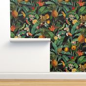 14" Exotic Jungle Beauty: A Vintage Botanical Pattern Featuring  tropical Fruits, palm leaves, colorful Toucan birds, monkeys and parrots double layer black night