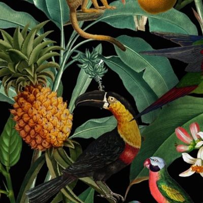 14" Exotic Jungle Beauty: A Vintage Botanical Pattern Featuring  tropical Fruits, palm leaves, colorful Toucan birds, monkeys and parrots double layer black night