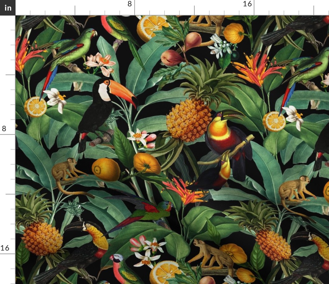 14" Exotic Jungle Beauty: A Vintage Botanical Pattern Featuring  tropical Fruits, palm leaves, colorful Toucan birds, monkeys and parrots double layer black night