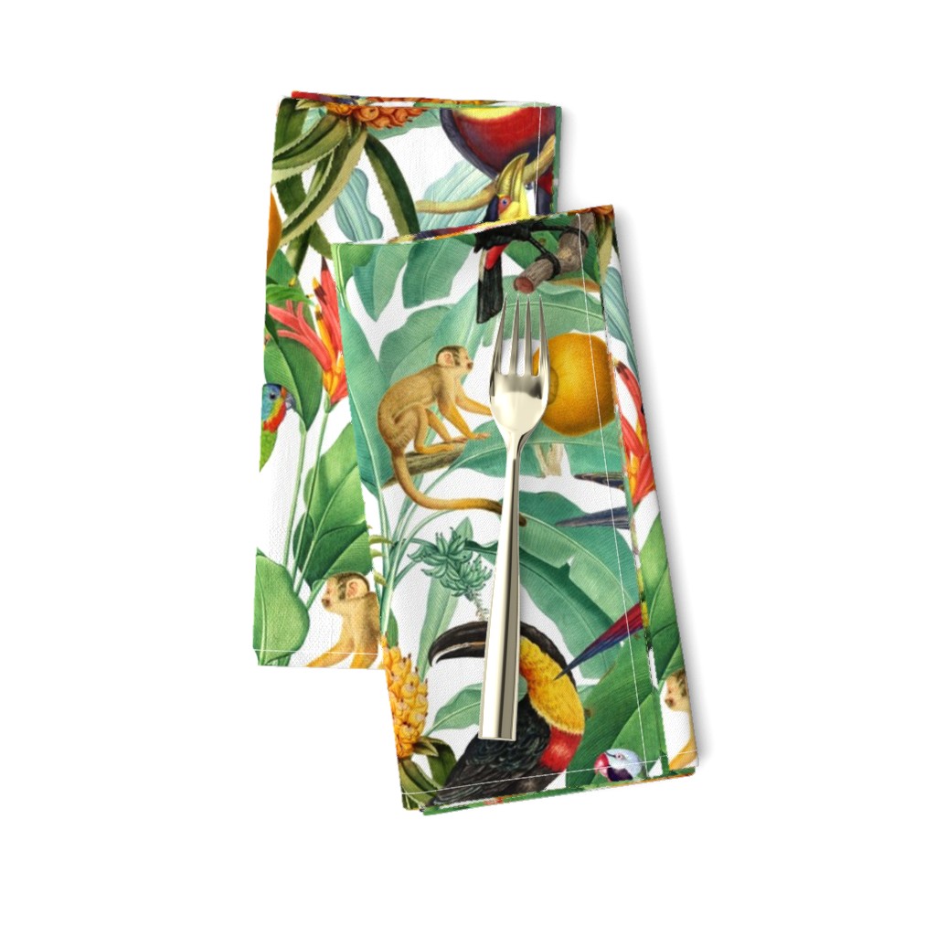 14" Exotic Jungle Beauty: A Vintage Botanical Pattern Featuring   tropical Fruits, palm leaves, colorful Toucan birds, monkeys and parrots white