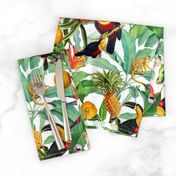 14" Exotic Jungle Beauty: A Vintage Botanical Pattern Featuring   tropical Fruits, palm leaves, colorful Toucan birds, monkeys and parrots white