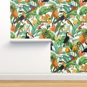 14" Exotic Jungle Beauty: A Vintage Botanical Pattern Featuring   tropical Fruits, palm leaves, colorful Toucan birds, monkeys and parrots white