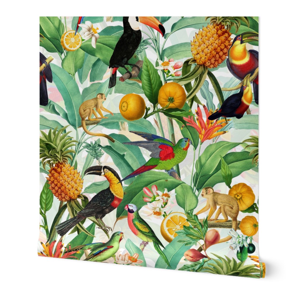 14" Exotic Jungle Beauty: A Vintage Botanical Pattern Featuring  tropical Fruits, palm leaves, colorful Toucan birds, monkeys and parrots double layer white