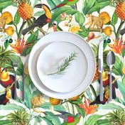 14" Exotic Jungle Beauty: A Vintage Botanical Pattern Featuring  tropical Fruits, palm leaves, colorful Toucan birds, monkeys and parrots double layer white