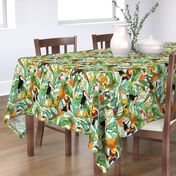 14" Exotic Jungle Beauty: A Vintage Botanical Pattern Featuring  tropical Fruits, palm leaves, colorful Toucan birds, monkeys and parrots double layer white