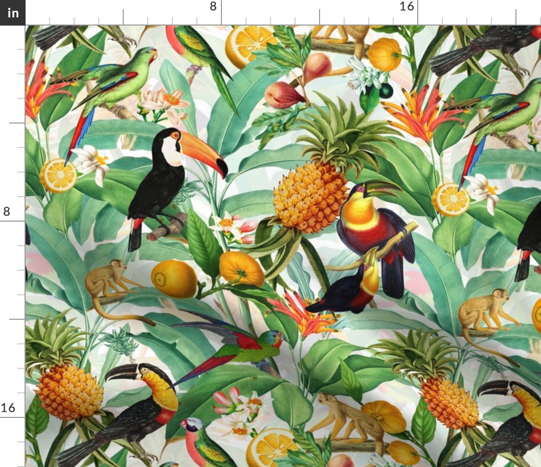 14" Exotic Jungle Beauty: A Vintage Botanical Pattern Featuring  tropical Fruits, palm leaves, colorful Toucan birds, monkeys and parrots double layer white