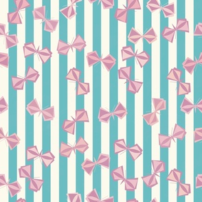 Pink Butterflies on Green and Cream  Stripes - Pattern Clash
