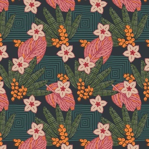 Tropical Floral Geometric - Midnight Pink and Green - Medium