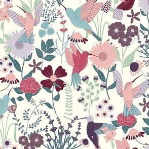 Hummingbirds Floral Spring (Cream) - LARGE 11X8 