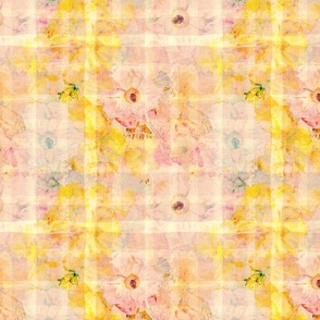 Small scale yellow gingham check pattern on a peach and pink marbled background