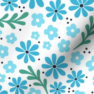 Large Scale Fun Flowers in Shades of Blue on White