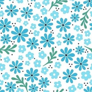Medium Scale Fun Flowers in Shades of Blue on White