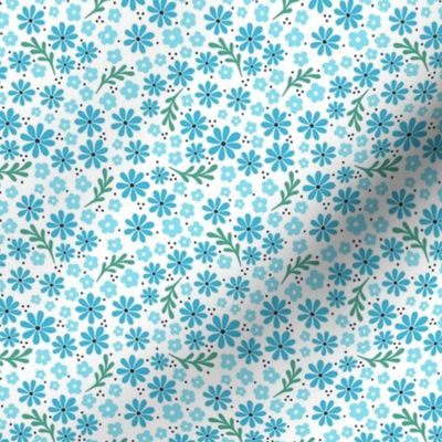 Small Scale Fun Flowers in Shades of Blue on White