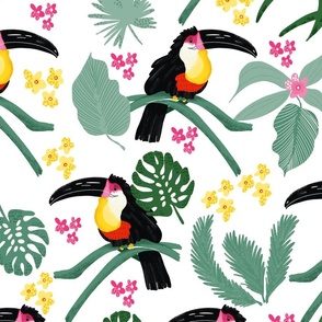Tropical Toucan with monstera leaves and flowers 