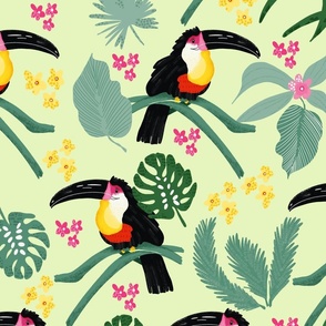 Tropical Toucan with monstera leaves and flowers 