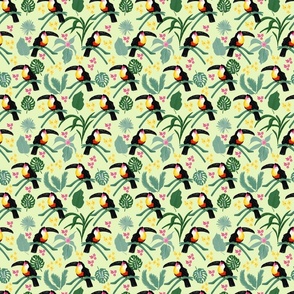 Tropical Toucan with monstera leaves and flowers    _smaller