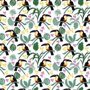 Tropical Toucan with monstera leaves and flowers   _smaller