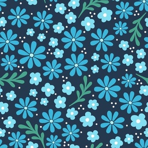Large Scale Fun Flowers in Shades of Blue on Navy