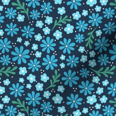 Medium Scale Fun Flowers in Shades of Blue on Navy