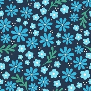 Medium Scale Fun Flowers in Shades of Blue on Navy