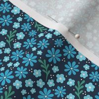 Small Scale Fun Flowers in Shades of Blue on Navy